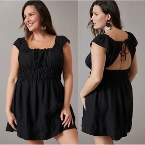 Anthropologie Black Linen Blend Smocked Waist Tie Back Mini Dress - Small